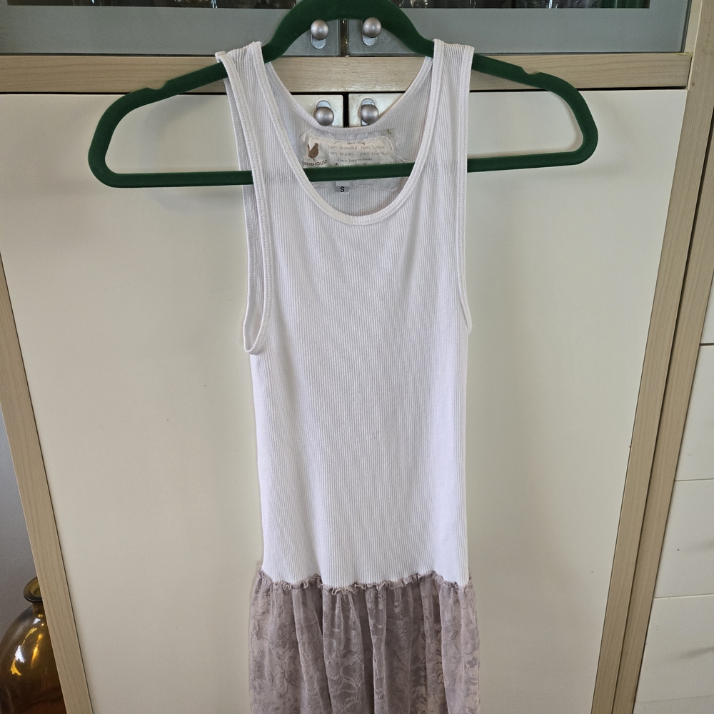 Women’s White Tank Mini Dress with Lace Hem Size Small, Upcycled Y2k